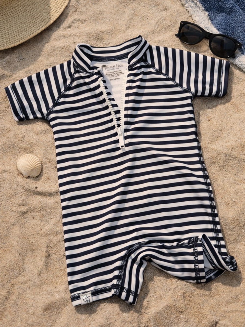 ⚫️⚪️ George Hats Black & White Striped Rash Guard Romper (18–24M)
